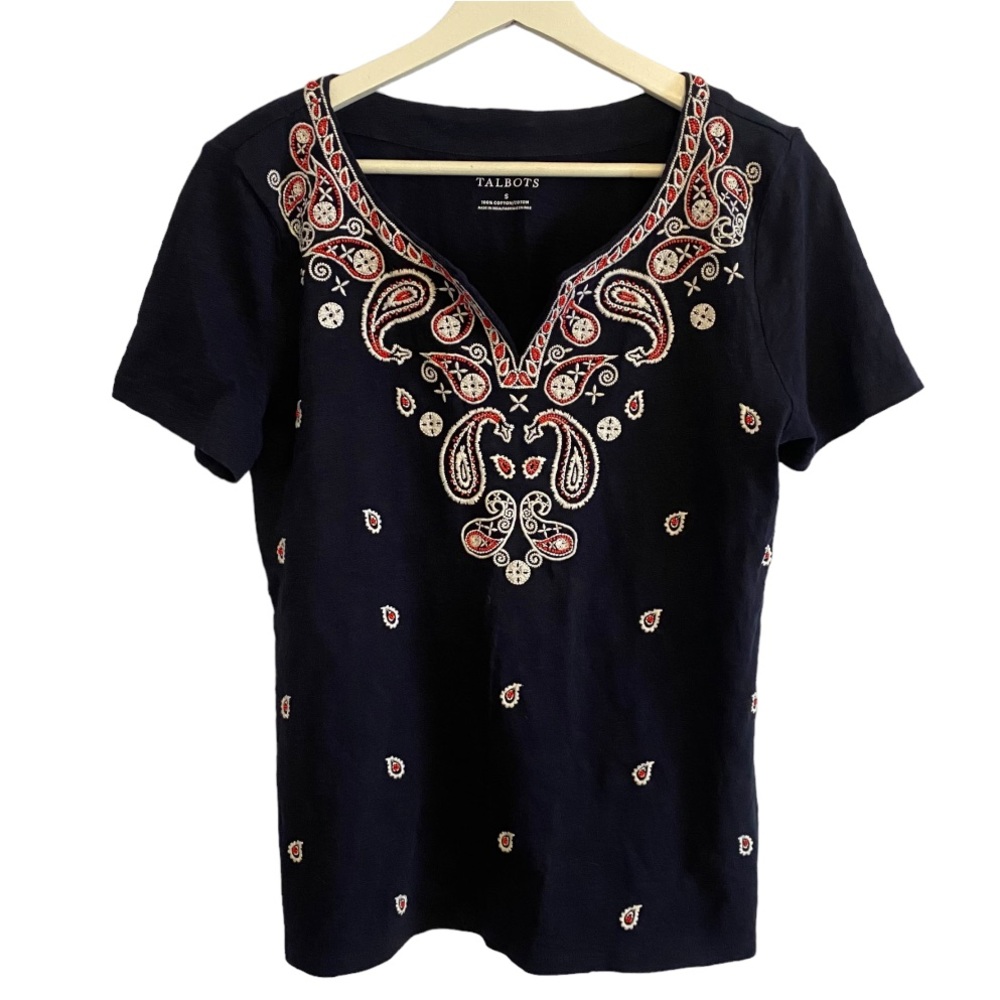 Talbots Navy Boho Beaded Top Cotton short sleeve detailed shirt red white blue